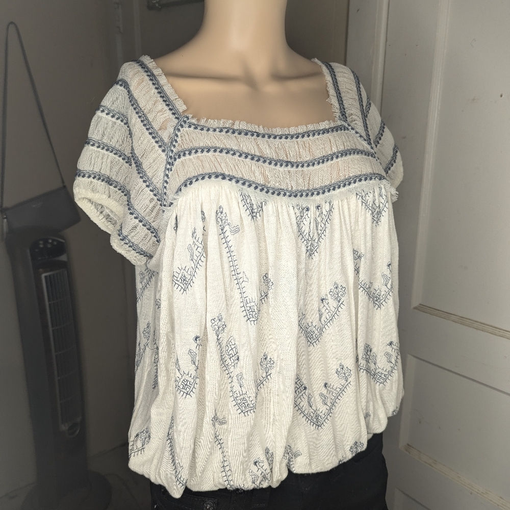 Free People Blue & White Smocked Square Neck Peasant Top Size XS